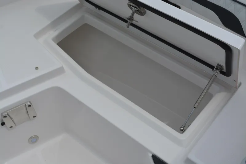 Slide: The Image of 2026 Blackfin 252 DC boat storage compartment with open lid and hydraulic support. - 13