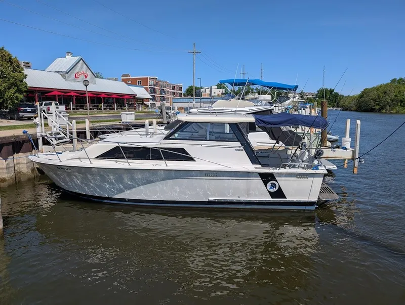 The Image of 1977 Trojan F30 Express boat docked at a marina with waterfront buildings in the background. - 0