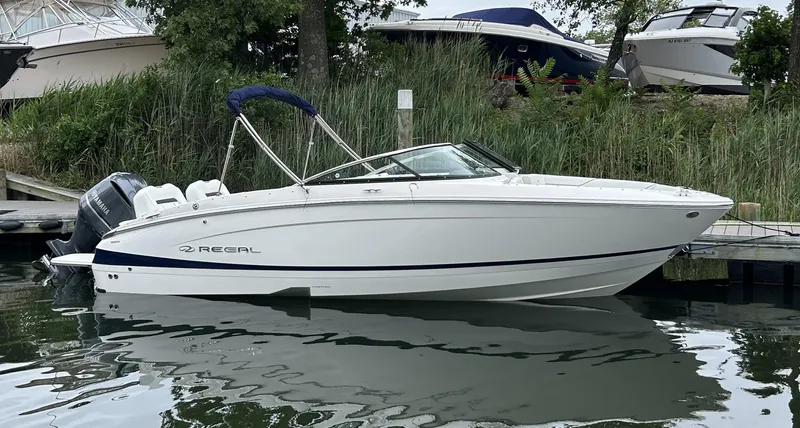 The Image of 2026 Regal LX4 boat docked on calm water, surrounded by lush greenery. - 0