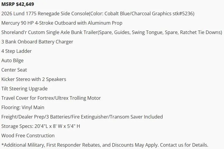 Slide: The Image of 2026 Lund 1775 Renegade SS boat features and pricing details. - 4