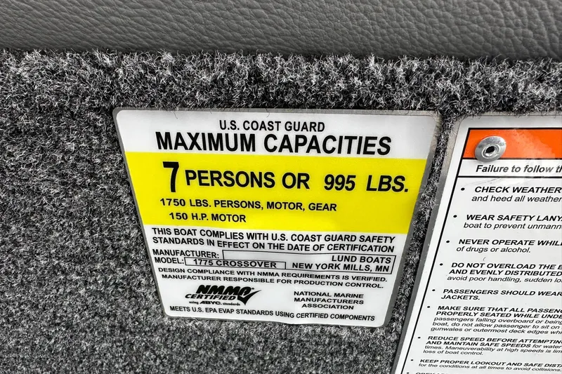 Slide: The Image of 2026 Lund 1775 Crossover XS capacity label: 7 persons or 995 lbs, 150 HP motor. - 35