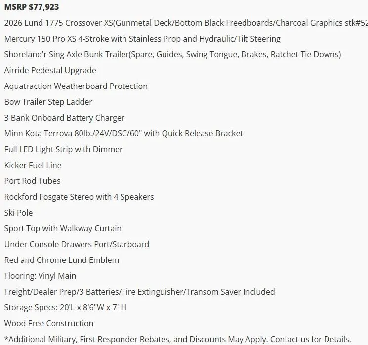 Slide: The Image of 2026 Lund 1775 Crossover XS boat features and specifications list with pricing details. - 6
