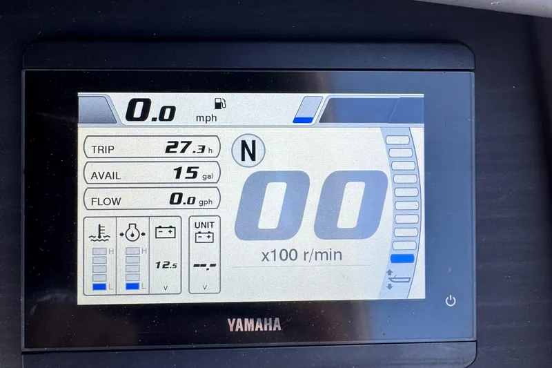 Slide: The Image of Digital display on a 2022 Bennington RX 25 RXFBA showing speed, trip, and fuel data. - 17