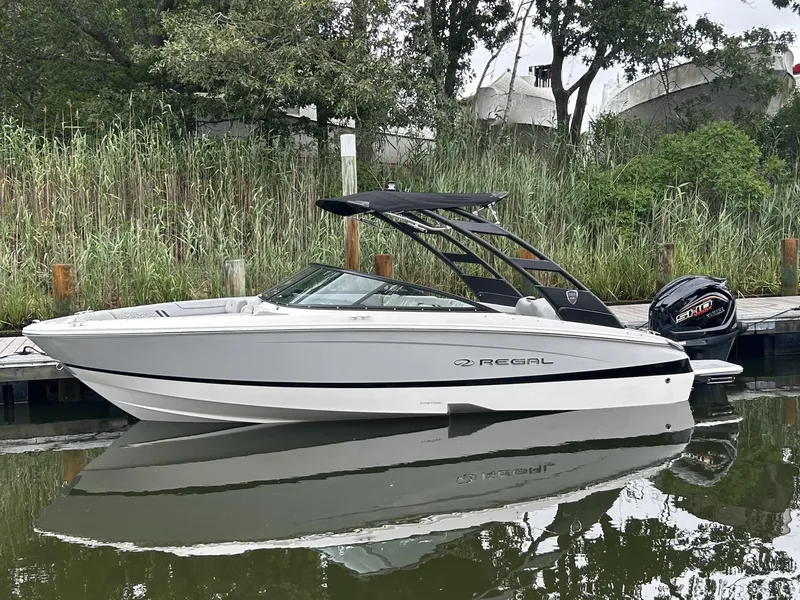 The Image of 2026 Regal LX2 boat docked on calm water, surrounded by lush greenery. - 0