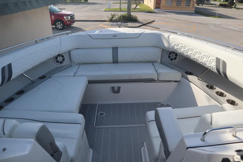 Slide: The Image of Luxurious 2022 Regal LX36 boat interior with spacious seating and modern design. - 27