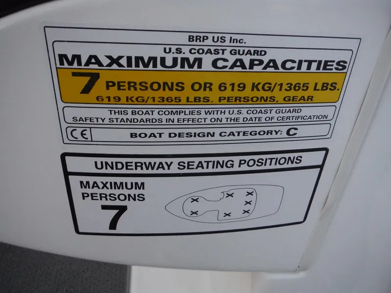 Slide: The Image of 2012 Sea-Doo Speedster capacity label: 7 persons or 619 kg/1365 lbs, U.S. Coast Guard compliant. - 11