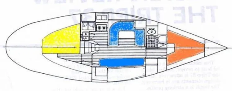 Slide: The Image of Floor plan of a 1987 Holby Tripp boat, featuring colorful cabin layout. - 14