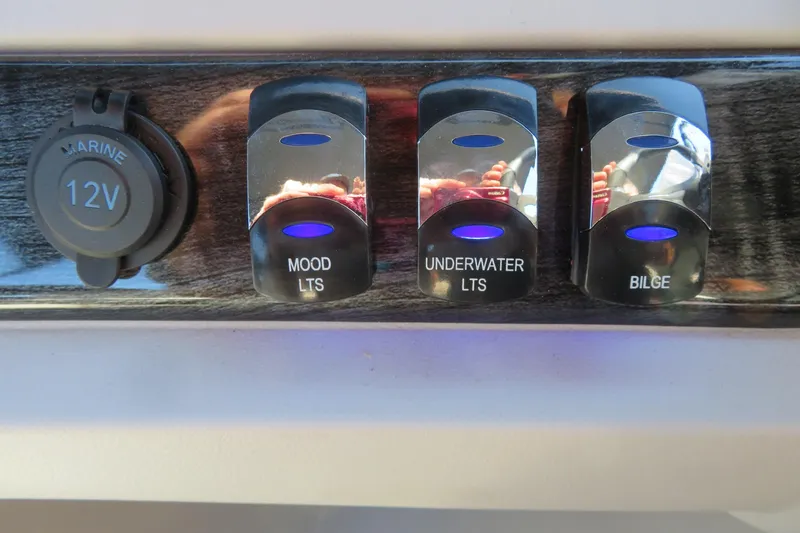 Slide: The Image of Control panel of Avalon 2385 LSZ with switches for mood, underwater lights, and bilge. - 27