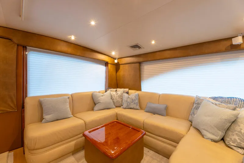 Slide: The Image of Luxurious interior of 2008 Ocean Yachts 54 Super Sport with beige seating and cushions. - 26