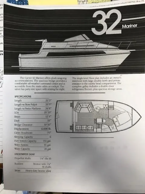 Slide: The Image of 1986 Carver Mariner 32x14.3 yacht brochure with specifications and floor plan. - 17