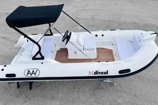 The Image of 2024 Aqvaboats LUXRIB 14 inflatable boat with canopy and wooden deck. - 0