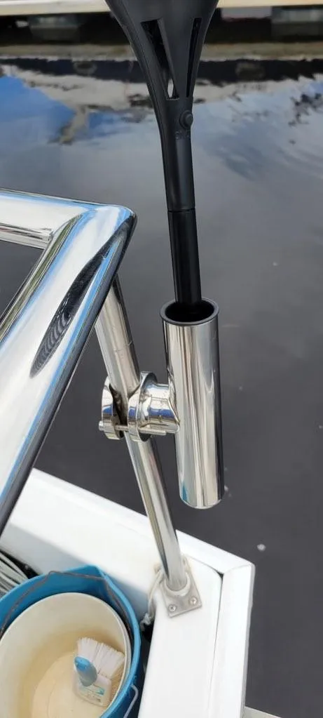 Slide: The Image of Stainless steel boat railing with mounted holder on a 2001 Monk 36 (Hull #215). - 17