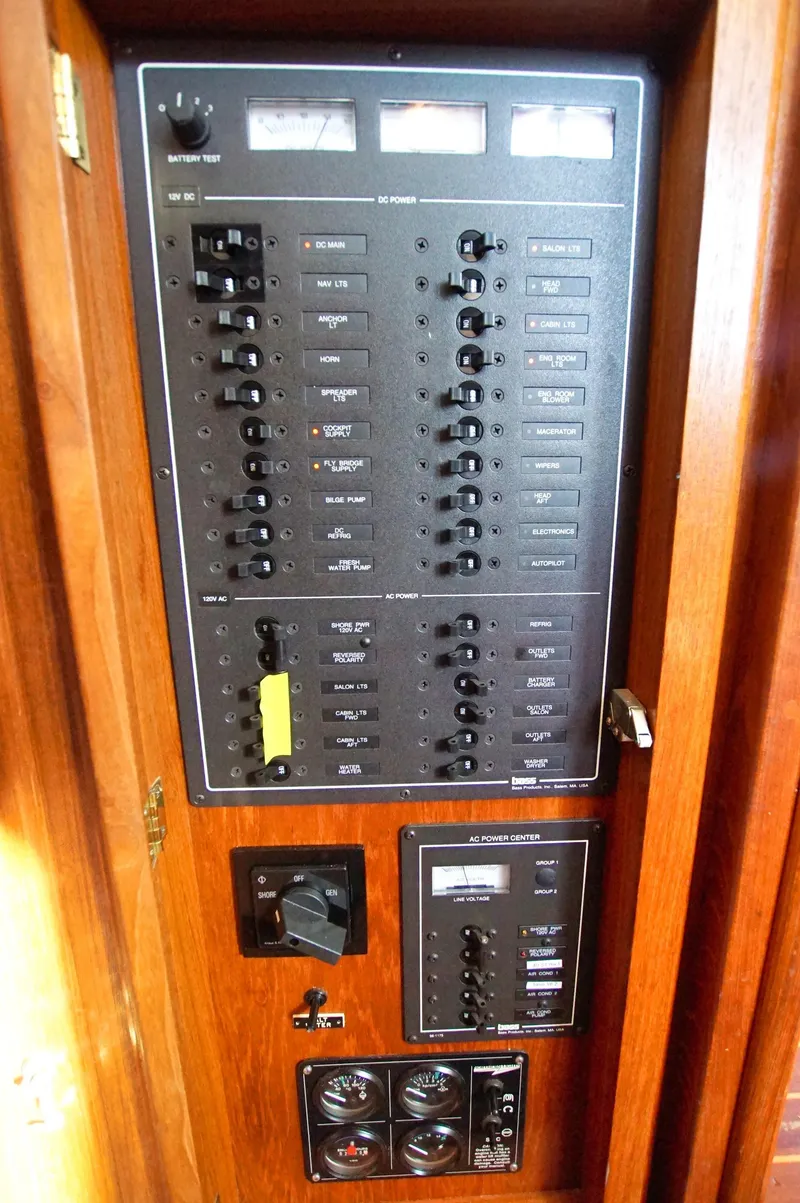Slide: The Image of Electrical control panel on a 2001 Monk 36 (Hull #215) boat, featuring switches and gauges. - 31