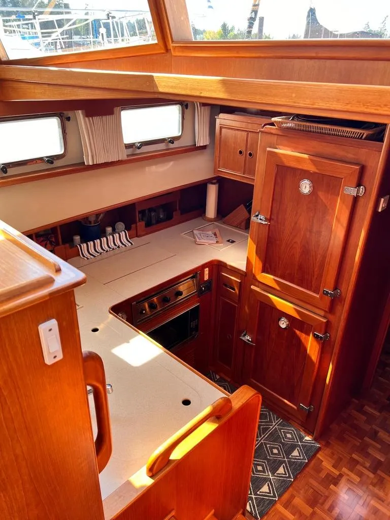 Slide: The Image of Interior of 1999 Grand Banks 42 Motoryacht with wooden cabinetry and compact kitchen area. - 14