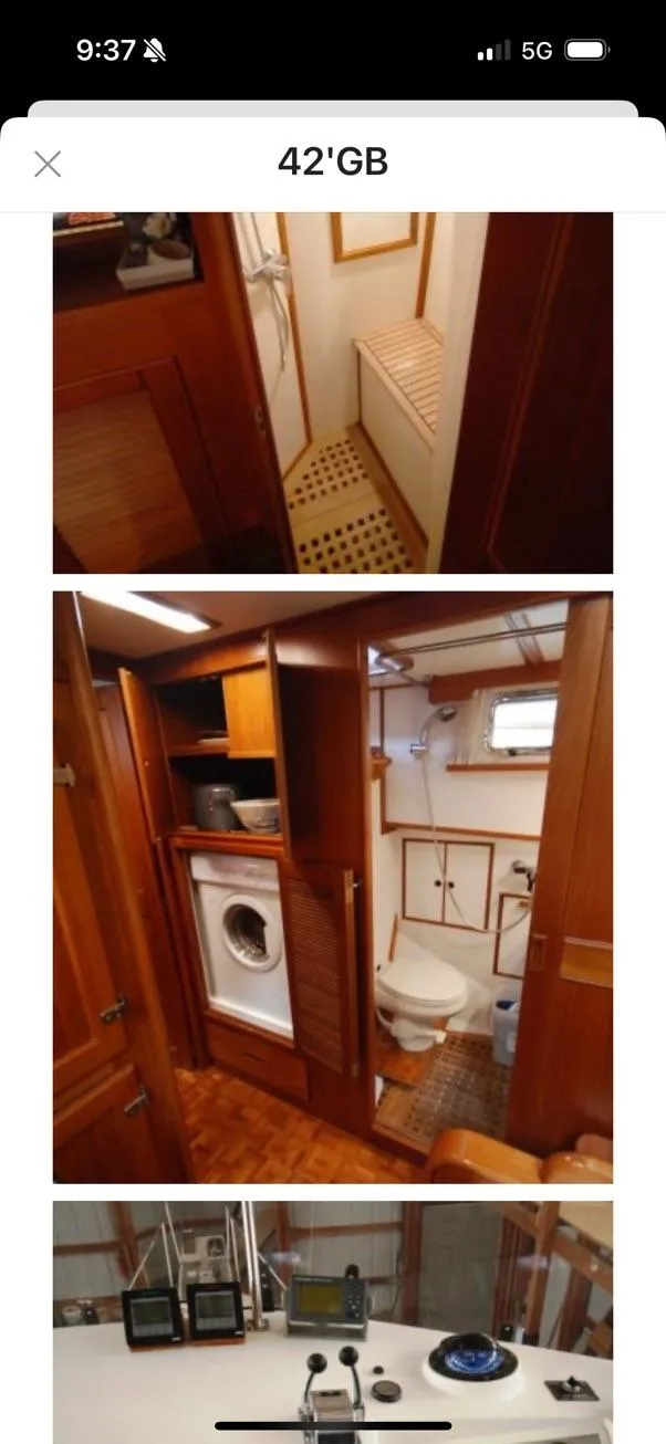 Slide: The Image of Interior of 1999 Grand Banks 42 Motoryacht with bathroom, laundry, and navigation equipment. - 19