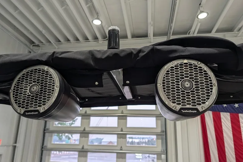 Slide: The Image of Speakers on a 2026 Monterey M-65 boat, featuring Rockford Fosgate audio system. - 28