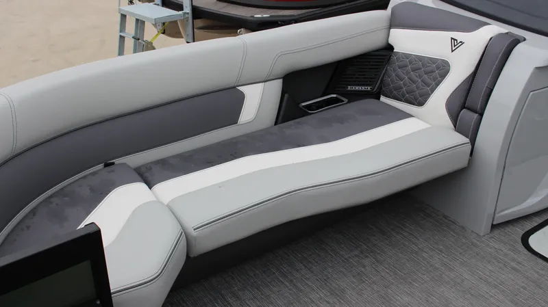 Slide: The Image of Luxurious seating in the 2025 Viaggio Diamante U boat, featuring elegant gray and white upholstery. - 10