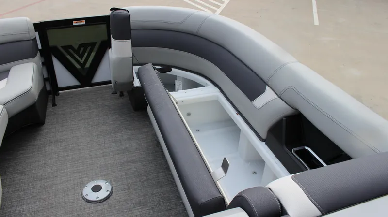 Slide: The Image of Luxurious seating area of 2025 Viaggio Diamante U boat with storage compartments. - 20