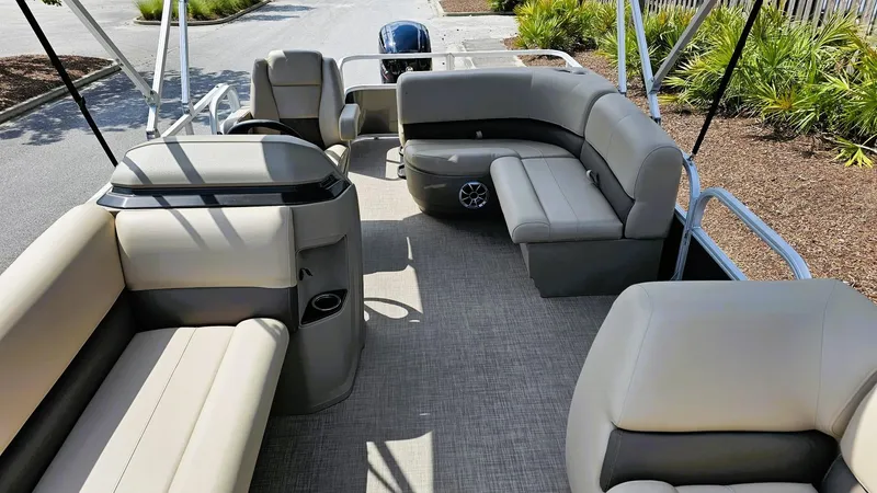 Slide: The Image of 2025 Sun Tracker Party Barge 18 DLX interior with spacious seating and modern design. - 8