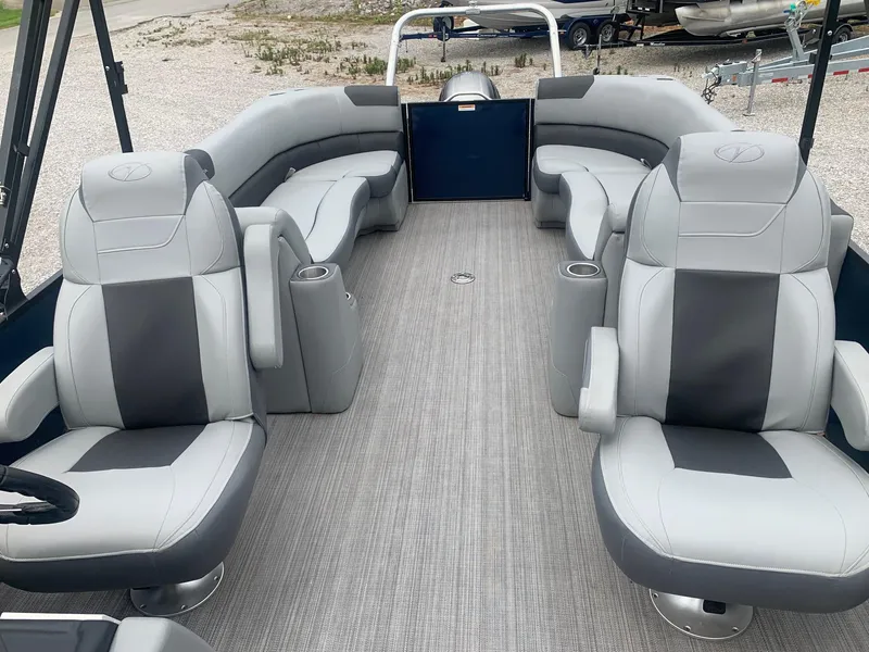 Slide: The Image of 2019 Veranda Relax VR25RC boat seating with gray upholstery and cup holders. - 16