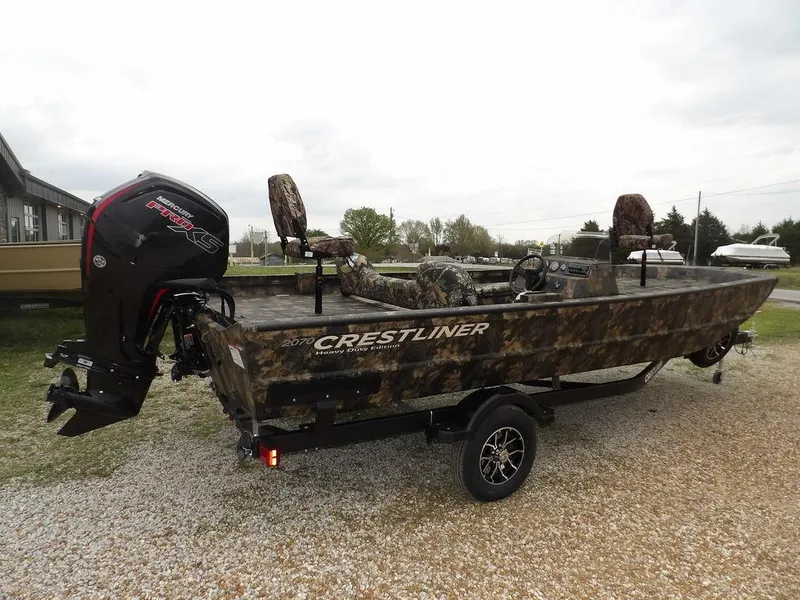 Slide: The Image of 2025 Crestliner 2070 Retriever SCHD boat with camo design and powerful outboard motor. - 10