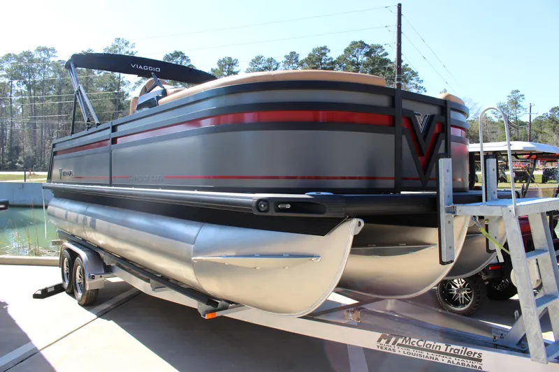 The Image of 2025 Viaggio Lago Z22S CC pontoon boat on trailer, side view. - 1