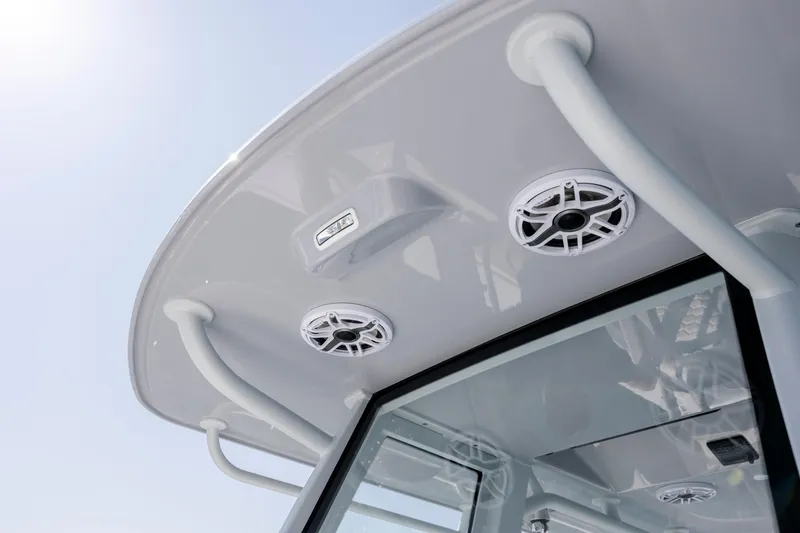 Slide: The Image of 2026 Yellowfin 36 Offshore boat roof with speakers and lighting. - 28