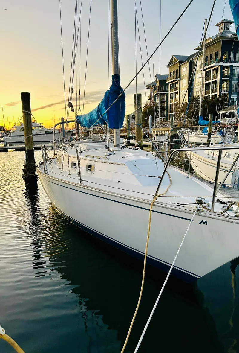 Slide: The Image of 1982 Morgan 32 sailboat docked at marina during sunset, with waterfront buildings in background. - 1