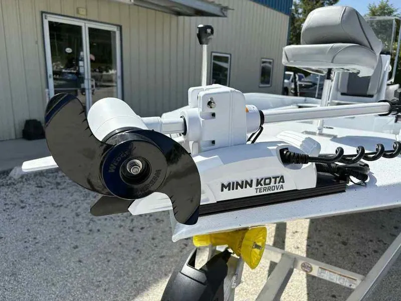 Slide: The Image of Minn Kota Terrova motor on 2026 Xpress H22B boat, outdoor setting. - 18