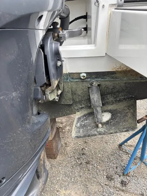 Slide: The Image of 2019 Beneteau Antares 27 boat engine and propeller detail on a stand. - 6