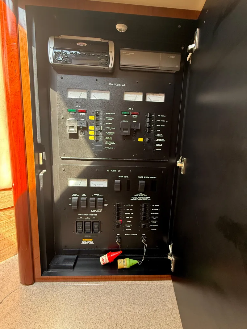 Slide: The Image of Electrical panel of a 2003 Sea Ray 420 Sundancer boat, showing controls and meters. - 20