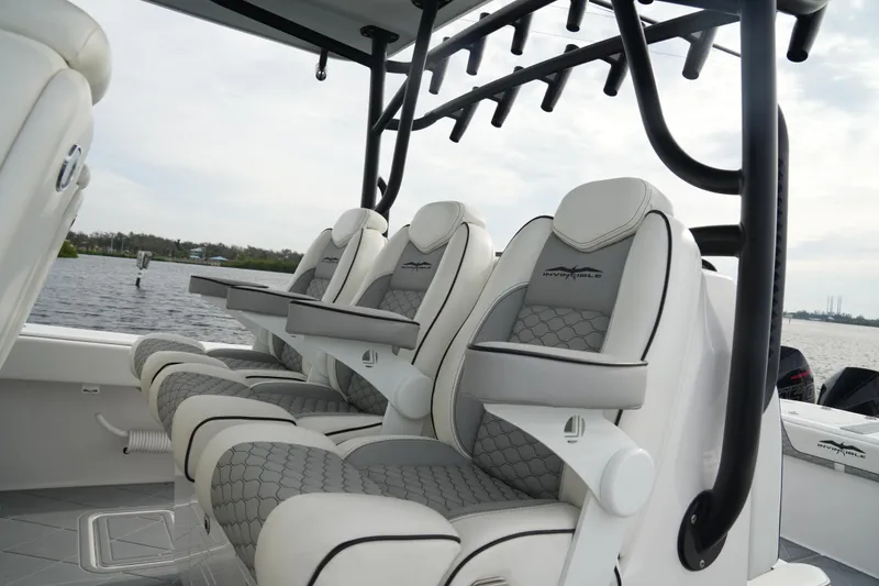 Slide: The Image of Luxurious seating on 2022 Invincible 46 Catamaran, featuring elegant design and comfort. - 17