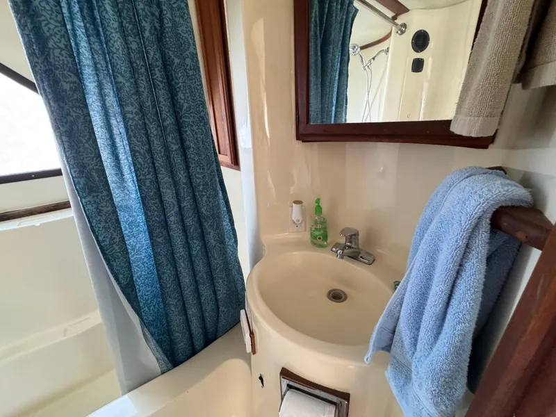 Slide: The Image of 1985 Bluewater Yachts 51 Coastal Cockpit MY bathroom with sink, mirror, and blue shower curtain. - 27