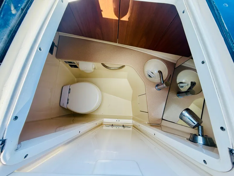 Slide: The Image of 2015 Chris-Craft Launch 32 boat interior with compact bathroom amenities. - 28