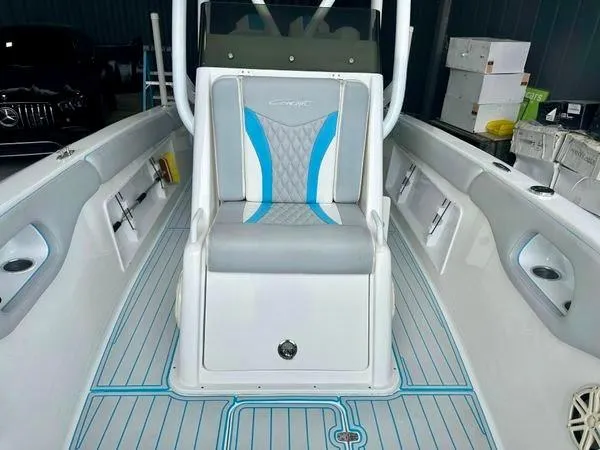 Slide: The Image of 2019 Concept 27' Open Deck boat interior with blue and gray seating. - 8