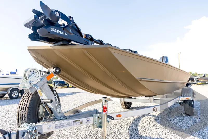 Slide: The Image of 2025 G3 Gator Tough 1652 VBW boat on trailer with Garmin equipment. - 28