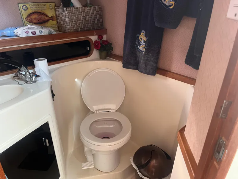Slide: The Image of 1989 Tiara Yachts 33OPEN bathroom with toilet, sink, and nautical-themed decor. - 15
