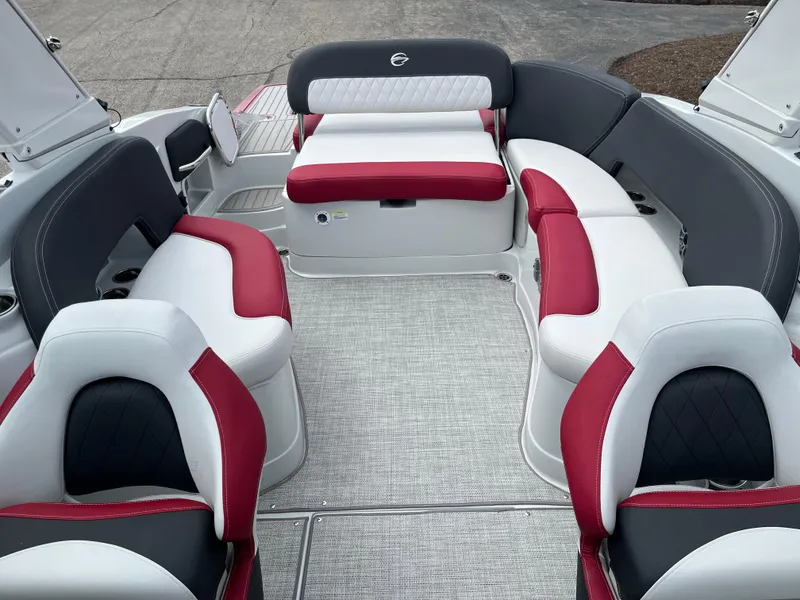 Slide: The Image of Luxurious seating on 2026 Crownline 298 SS boat with red and white upholstery. - 8