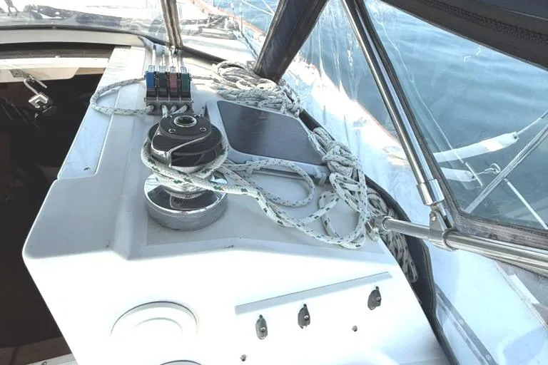 Slide: The Image of Sailboat cockpit with ropes and winch, Pearson 33-2, 1986 model. - 15