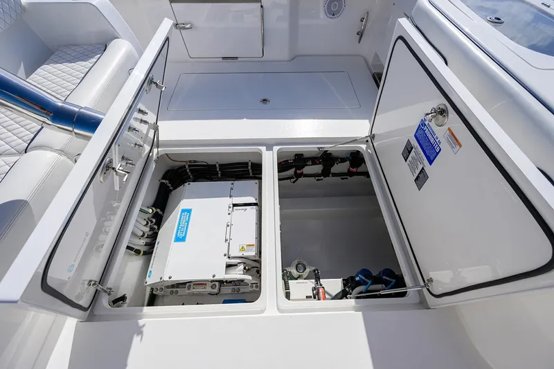 Slide: The Image of 2026 Valhalla Boatworks V-46 interior storage compartments with advanced equipment. - 19