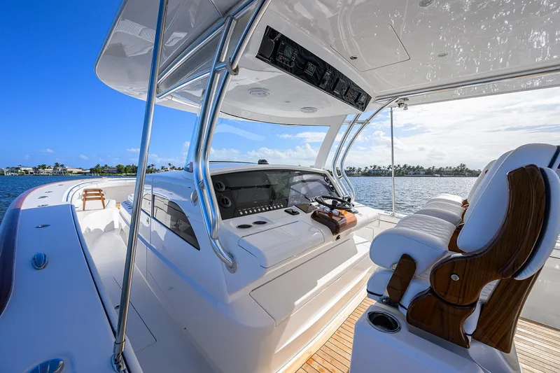Slide: The Image of 2026 Valhalla Boatworks V-46 luxury yacht interior with sleek design and modern controls. - 3