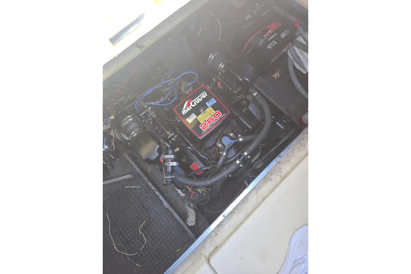 Slide: The Image of 1983 Sea Ray Weekender engine compartment with MerCruiser 260 engine visible. - 9