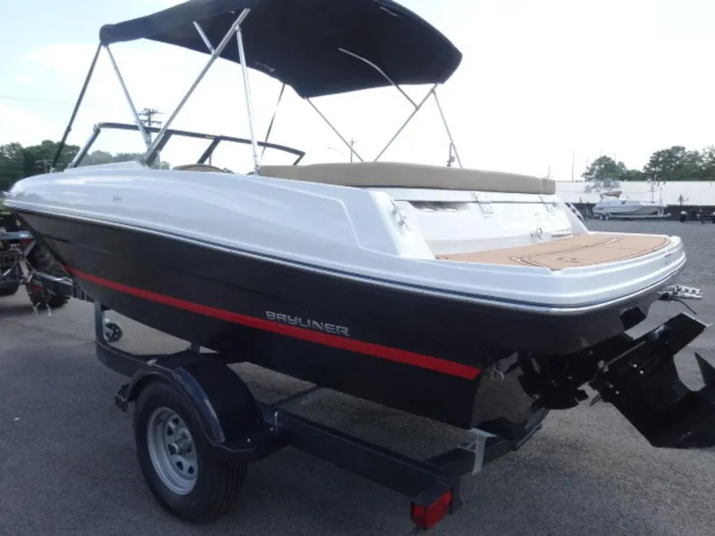 Slide: The Image of 2022 Bayliner VR4 boat on trailer with canopy, rear view. - 5