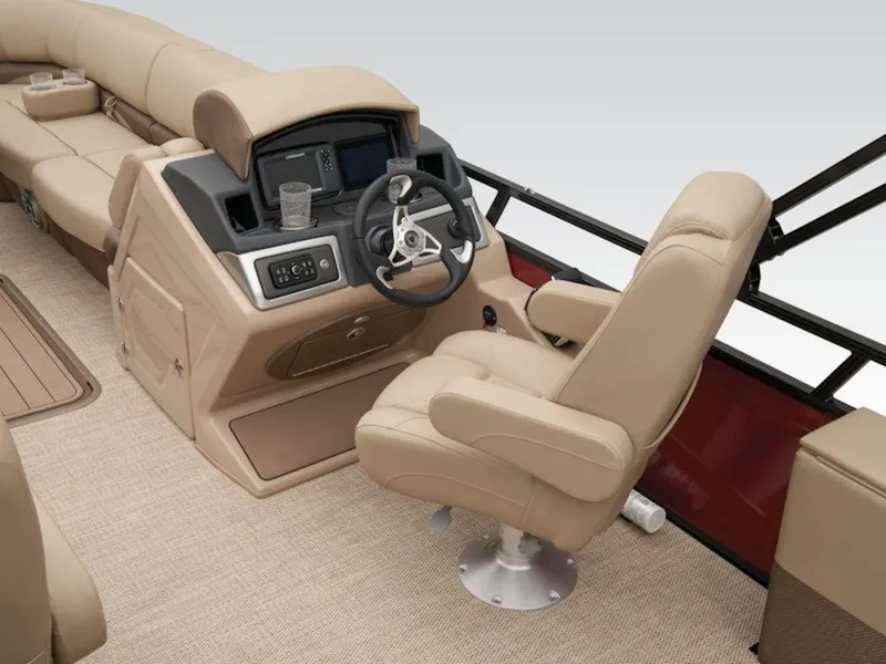 Slide: The Image of Luxurious interior of 2024 Regency 250 DL3 pontoon boat with plush seating and modern dashboard. - 10