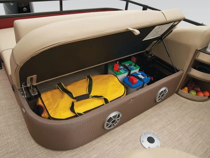 Slide: The Image of 2024 Regency 250 DL3 boat storage compartment with batteries, bag, and fruit basket. - 12