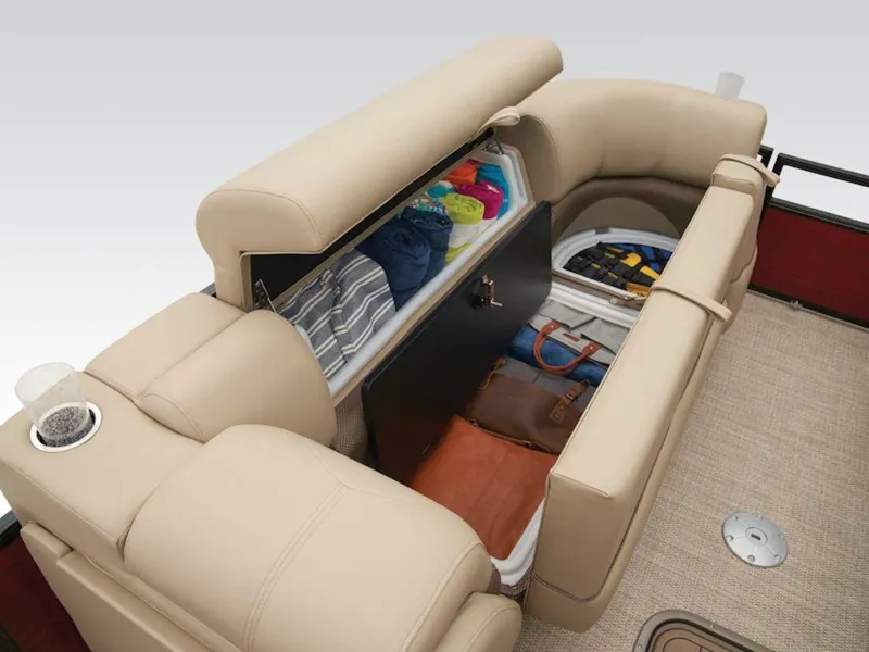 Slide: The Image of 2024 Regency 250 DL3 boat interior with beige seating and storage compartment. - 13