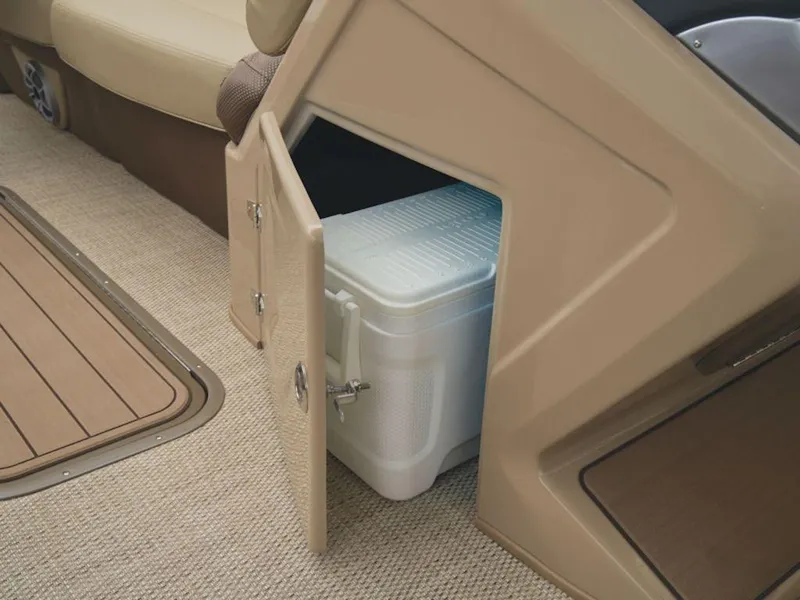 Slide: The Image of 2024 Regency 250 DL3 boat interior with storage compartment and cooler. - 17