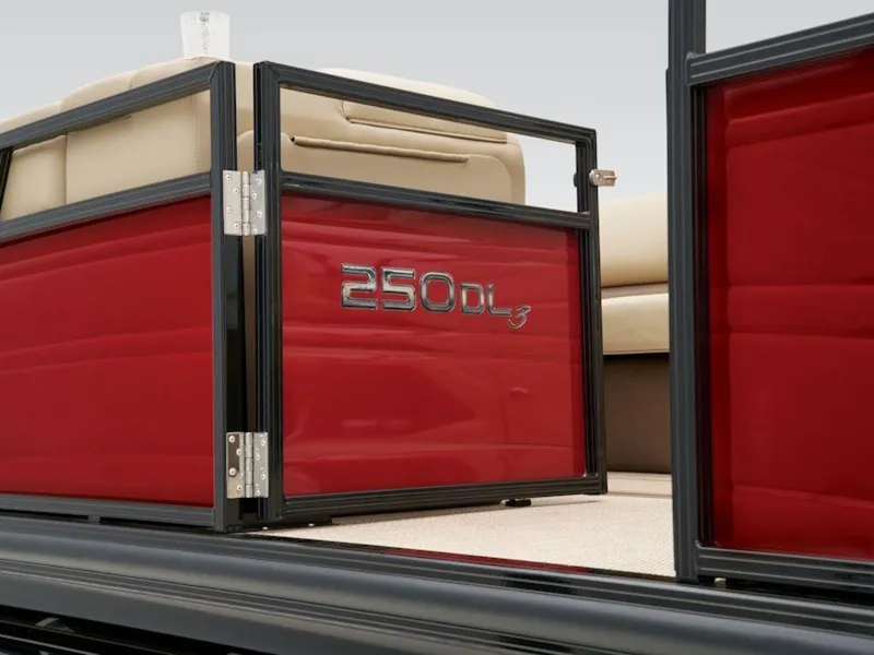 Slide: The Image of 2024 Regency 250 DL3 pontoon boat with red paneling and beige seating. - 18