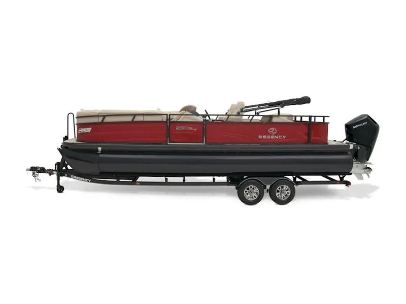 Slide: The Image of 2024 Regency 250 DL3 pontoon boat on trailer, side view. - 3