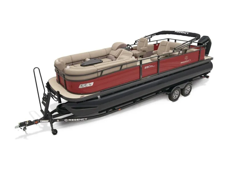 Slide: The Image of 2024 Regency 250 DL3 pontoon boat on trailer, featuring red and beige design. - 4